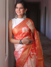 Bhagalpur Cotton Silk Ghichha Work Hand-Dyed Shibori Pattern Saree-White & Orange