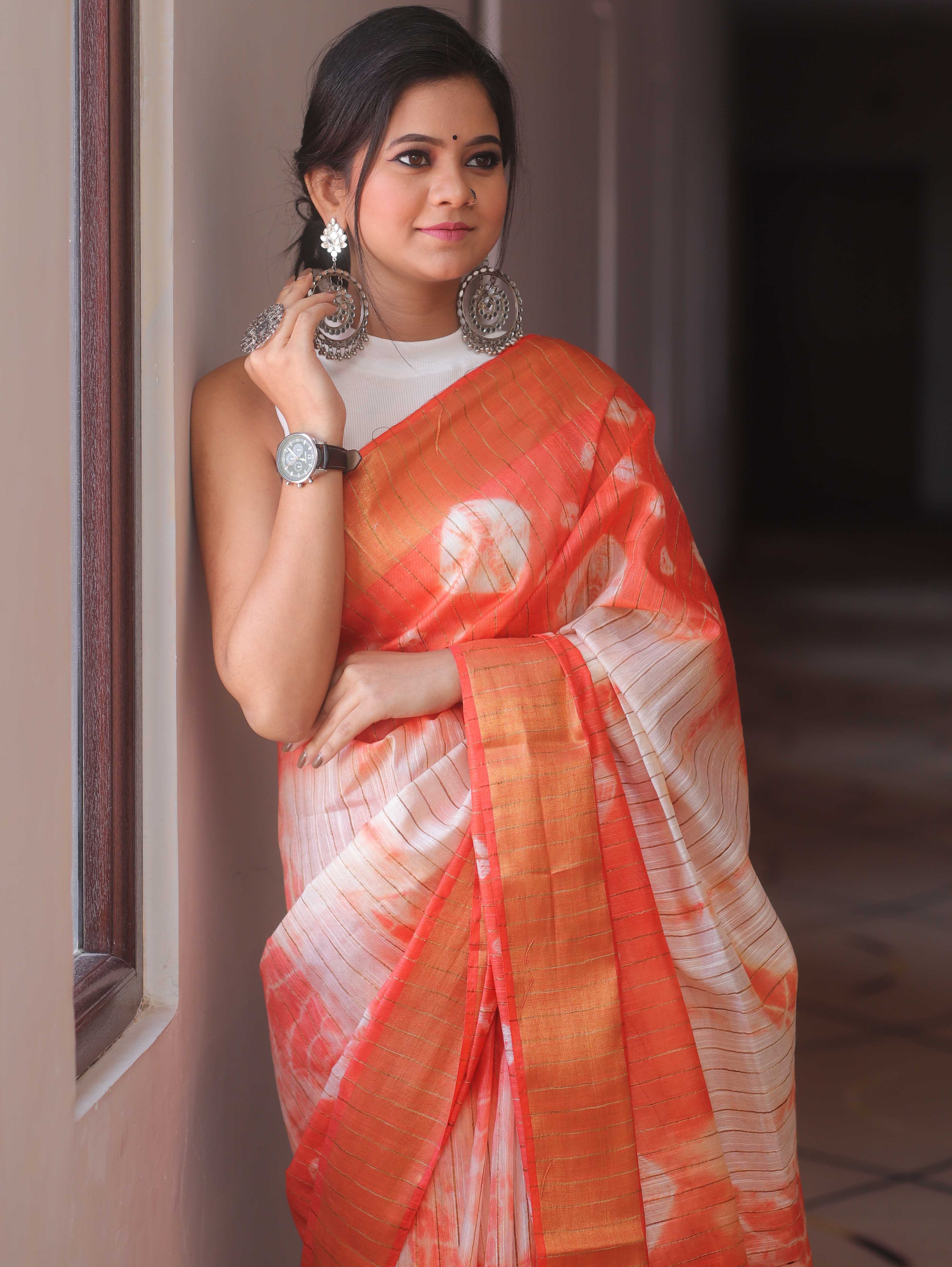 Bhagalpur Cotton Silk Ghichha Work Hand-Dyed Shibori Pattern Saree-White & Orange