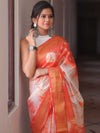 Bhagalpur Cotton Silk Ghichha Work Hand-Dyed Shibori Pattern Saree-White & Orange