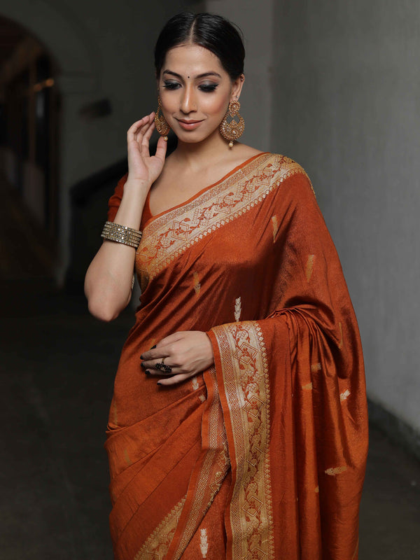 Banarasee Semi Silk Saree With Floral Border & Buta-Ochre Yellow