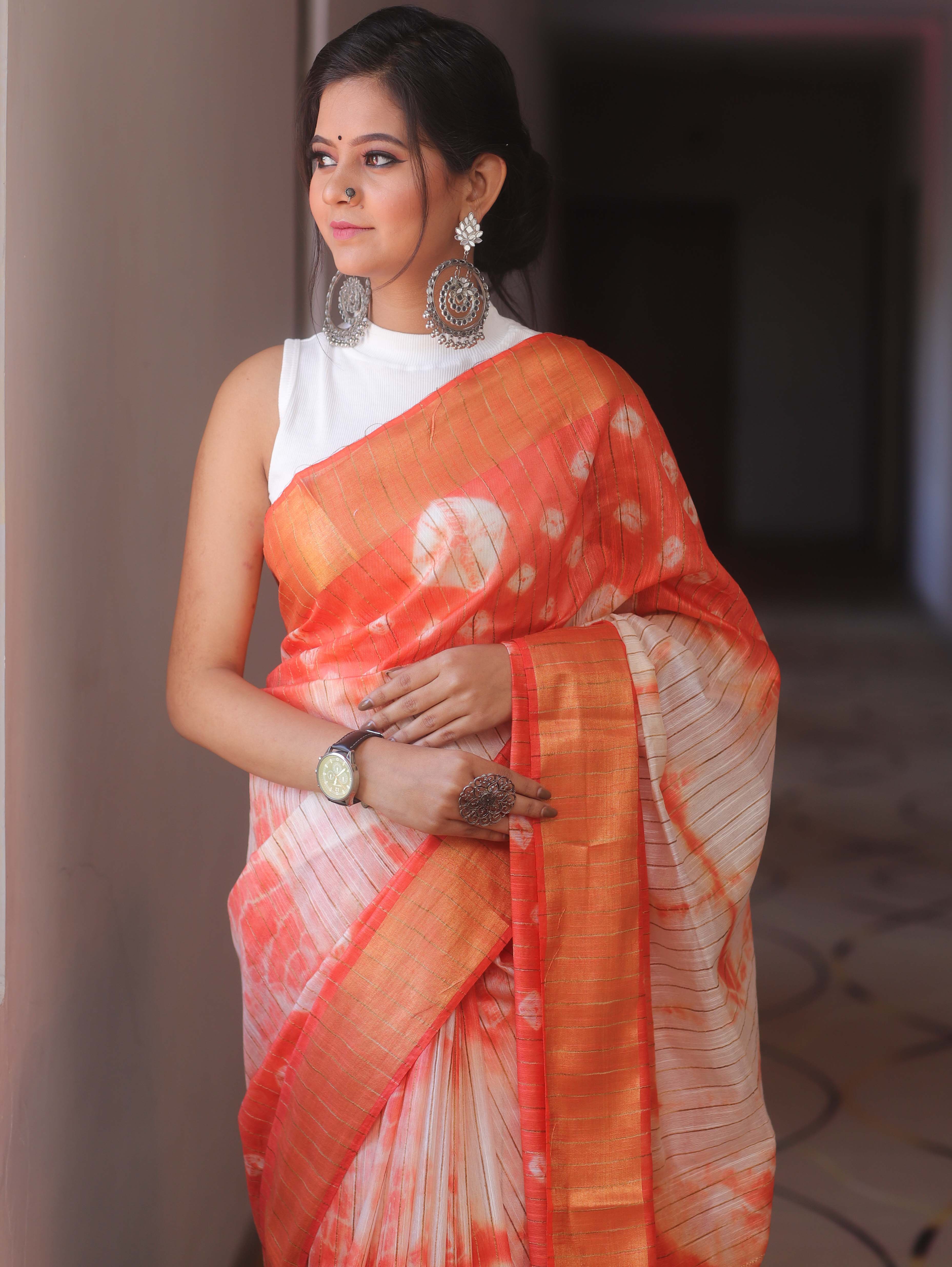 Bhagalpur Cotton Silk Ghichha Work Hand-Dyed Shibori Pattern Saree-White & Orange