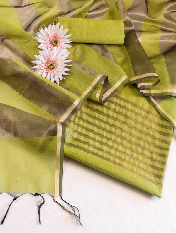 Banarasee Cotton Silk Stripe Pattern Salwar Kameez Fabric With Dupatta Set-Lime Green