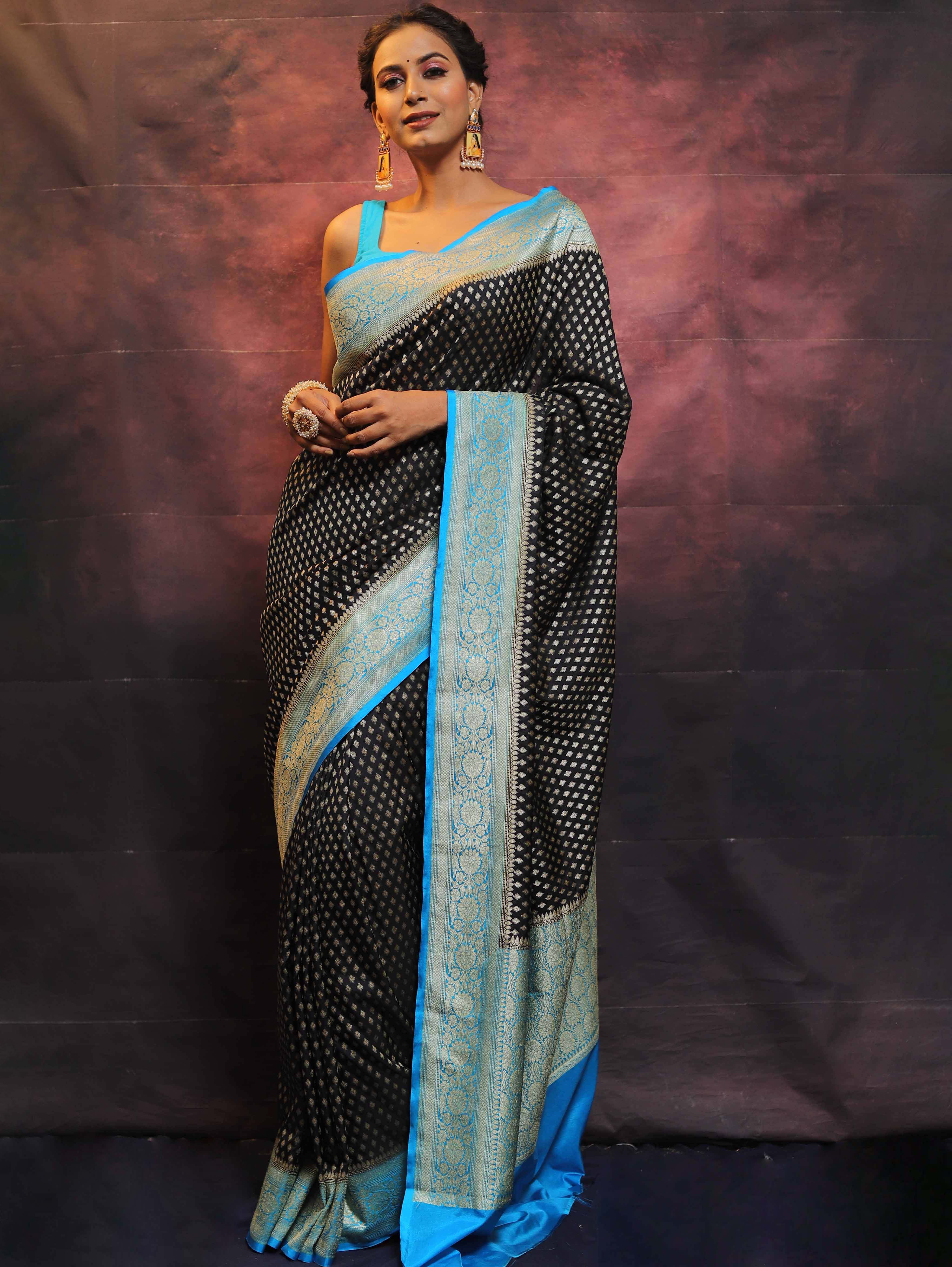 Banarasee Semi-Katan Zari Buta Saree-Black & Blue