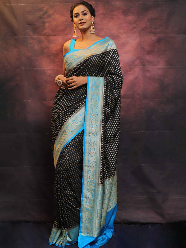 Banarasee Semi-Katan Zari Buta Saree-Black & Blue
