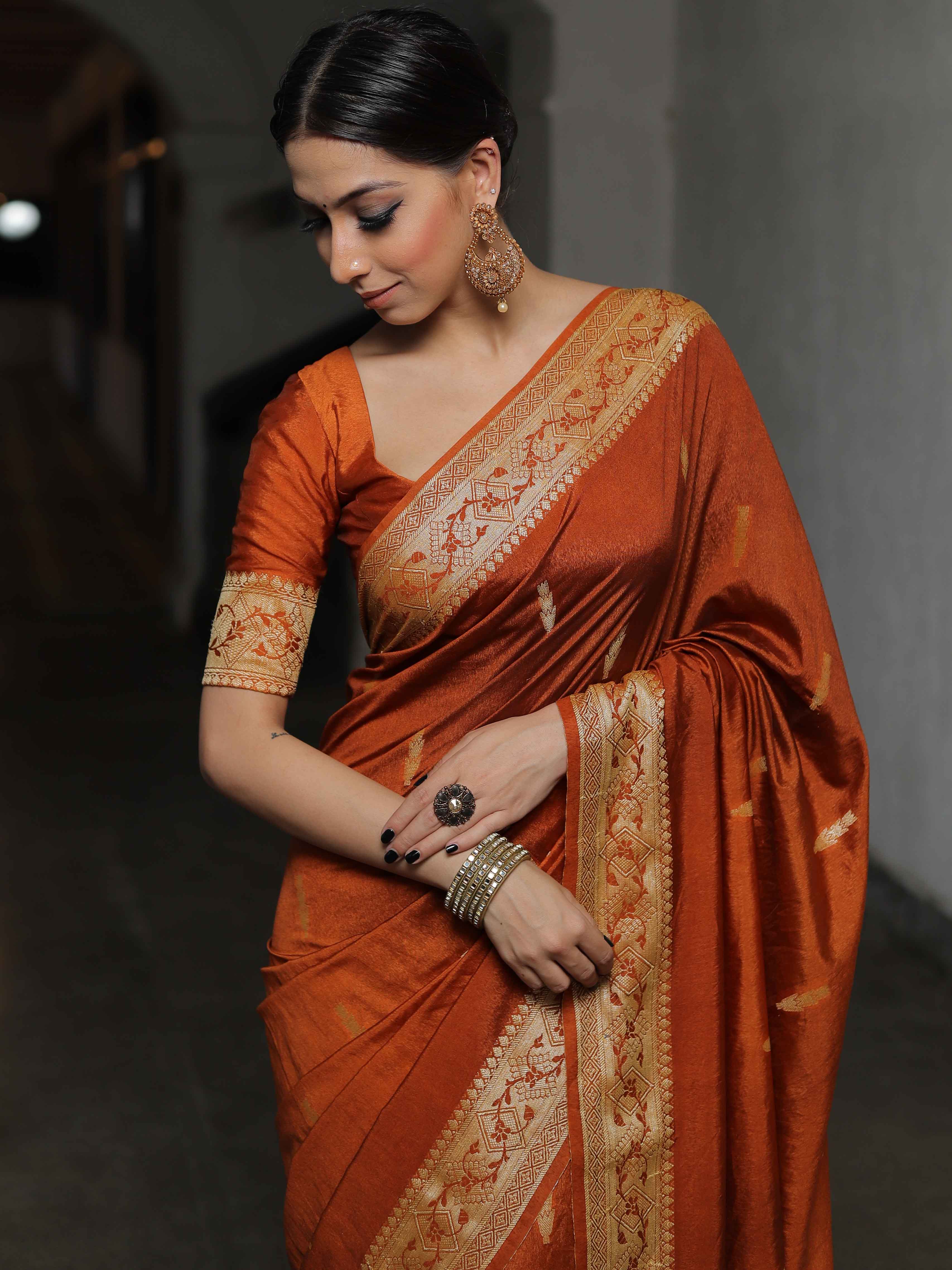 Banarasee Semi Silk Saree With Floral Border & Buta-Ochre Yellow