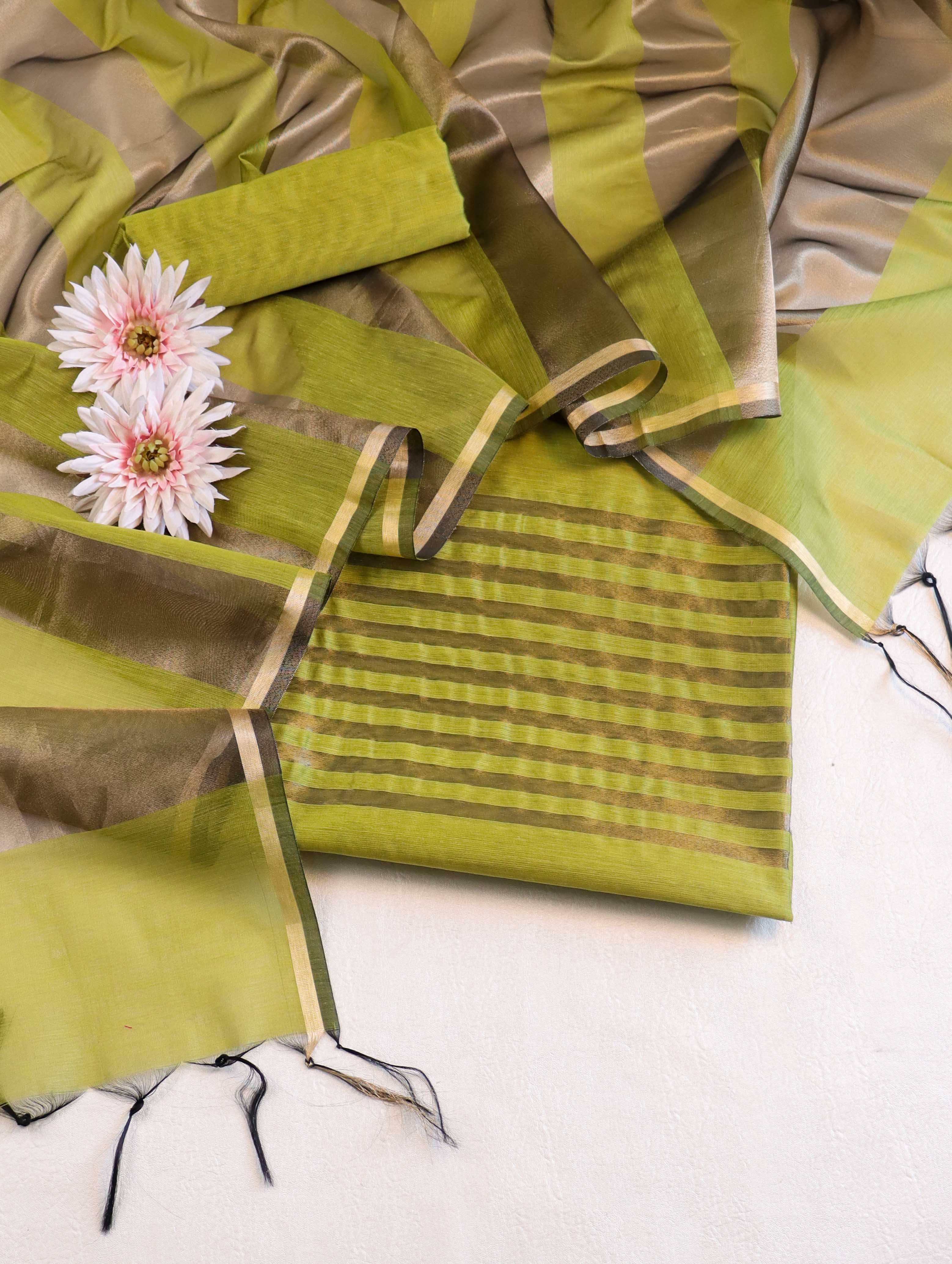 Banarasee Cotton Silk Stripe Pattern Salwar Kameez Fabric With Dupatta Set-Lime Green