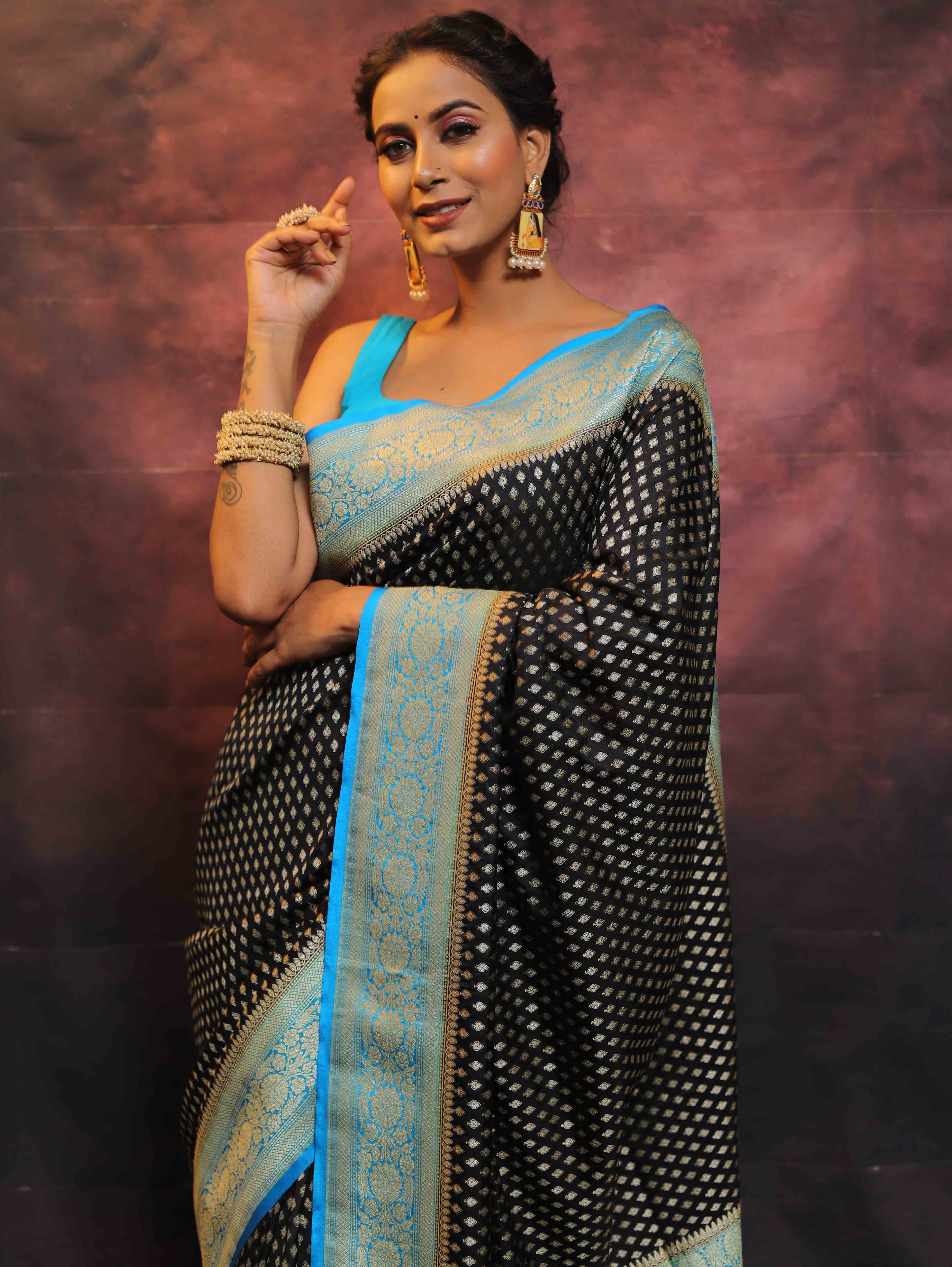 Banarasee Semi-Katan Zari Buta Saree-Black & Blue