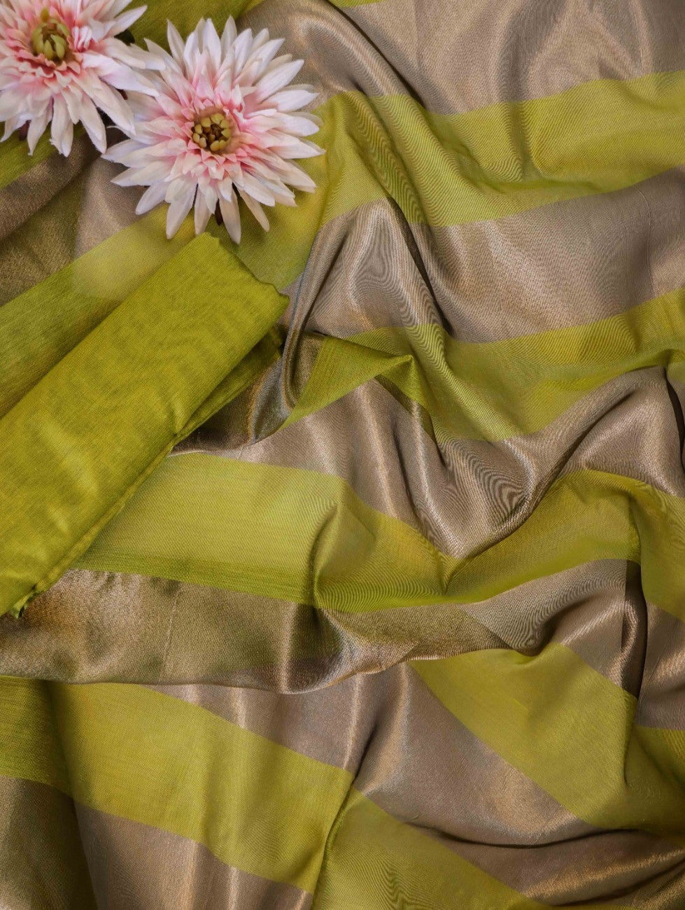 Banarasee Cotton Silk Stripe Pattern Salwar Kameez Fabric With Dupatta Set-Lime Green