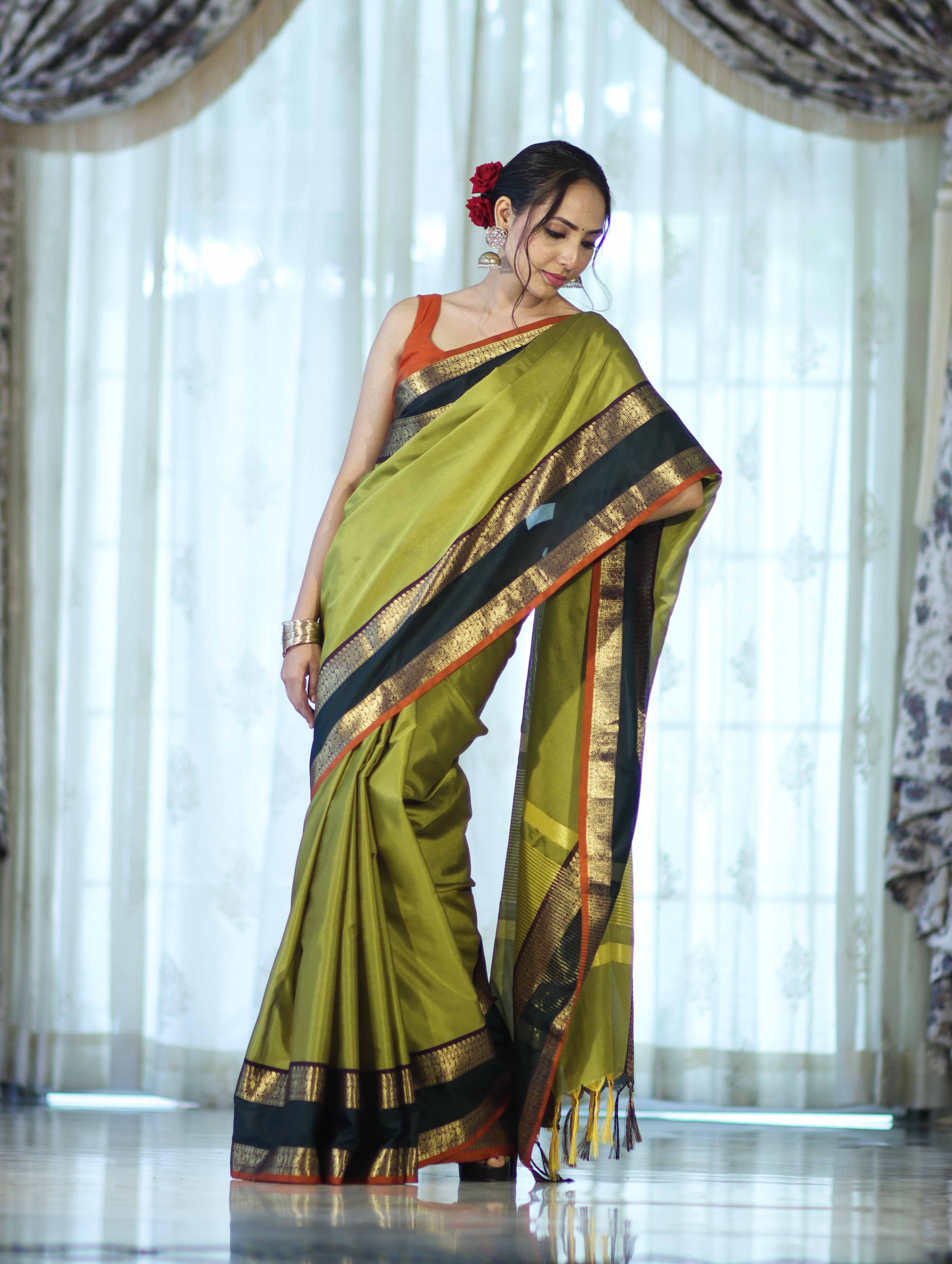Banarasee Handloom Plain Semi Silk Saree With Contrast Temple Border-Lime Green