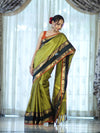 Banarasee Handloom Plain Semi Silk Saree With Contrast Temple Border-Lime Green