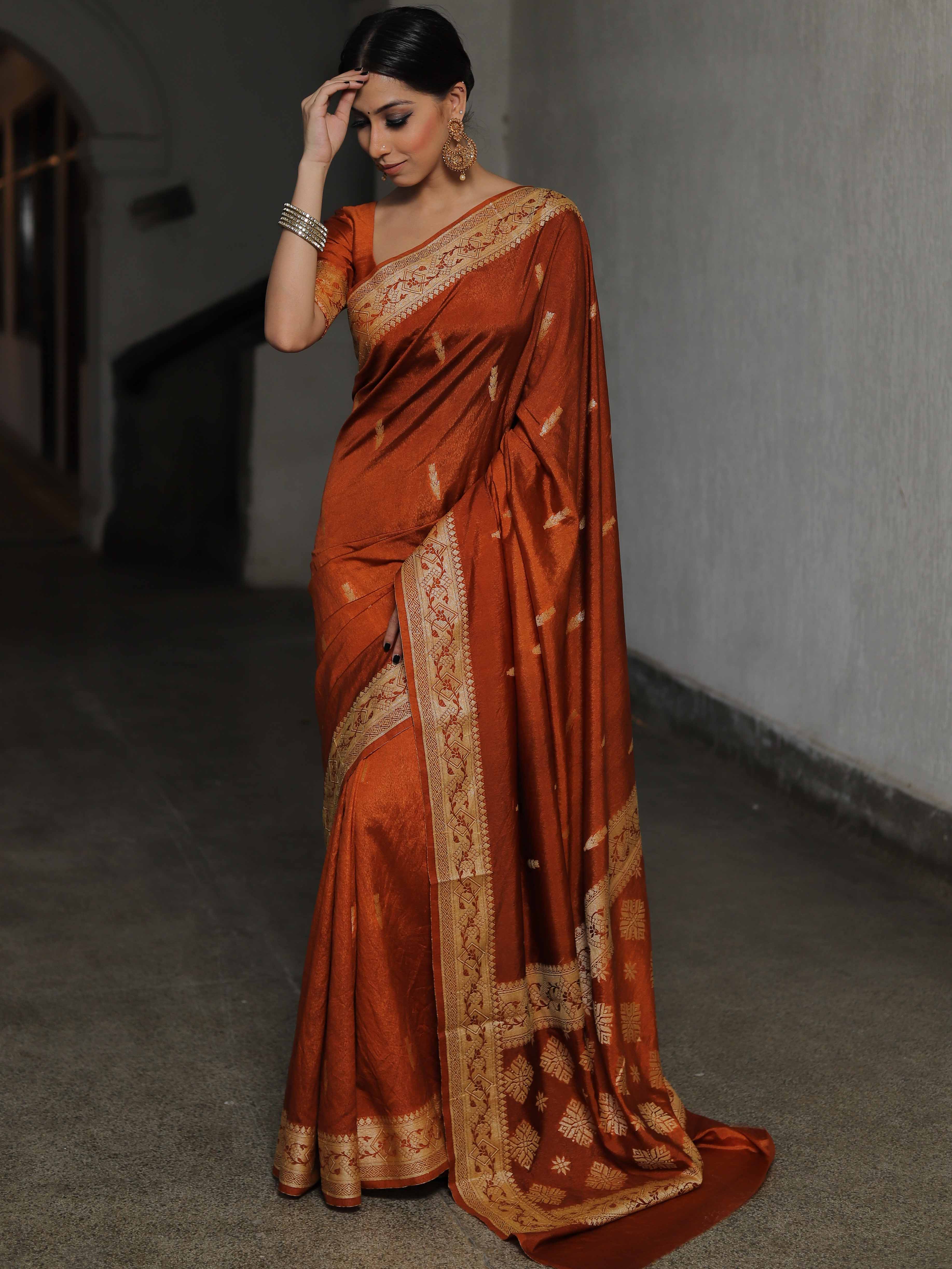 Banarasee Semi Silk Saree With Floral Border & Buta-Ochre Yellow