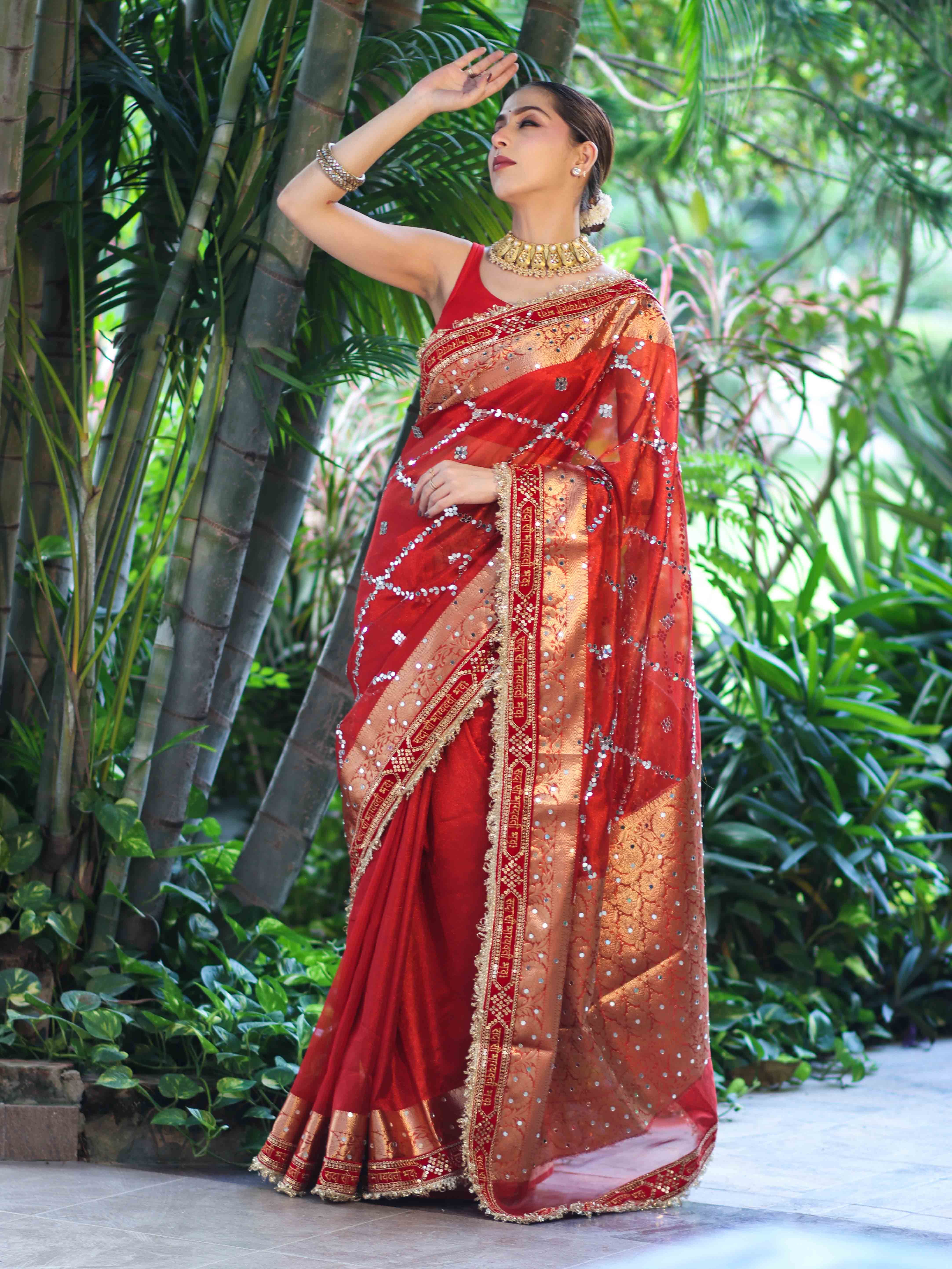 Banarasee Tissue (Saubhagyavati Bhava) Lace Saree With Hand Embroidered Mirror Work-Red
