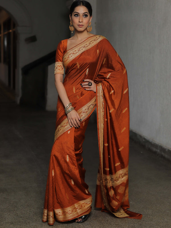 Banarasee Semi Silk Saree With Floral Border & Buta-Ochre Yellow