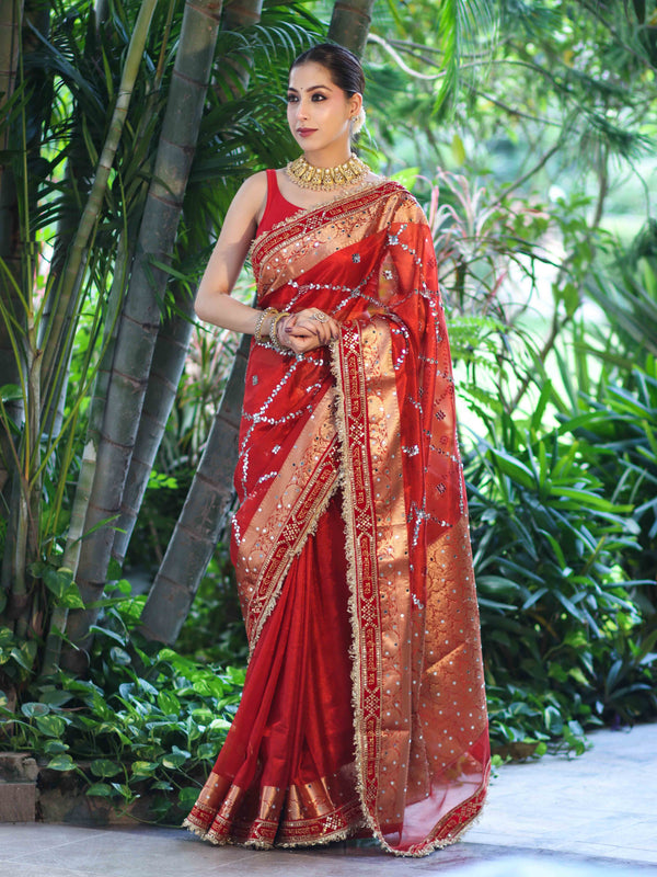 Banarasee Tissue (Saubhagyavati Bhava) Lace Saree With Hand Embroidered Mirror Work-Red