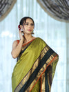Banarasee Handloom Plain Semi Silk Saree With Contrast Temple Border-Lime Green