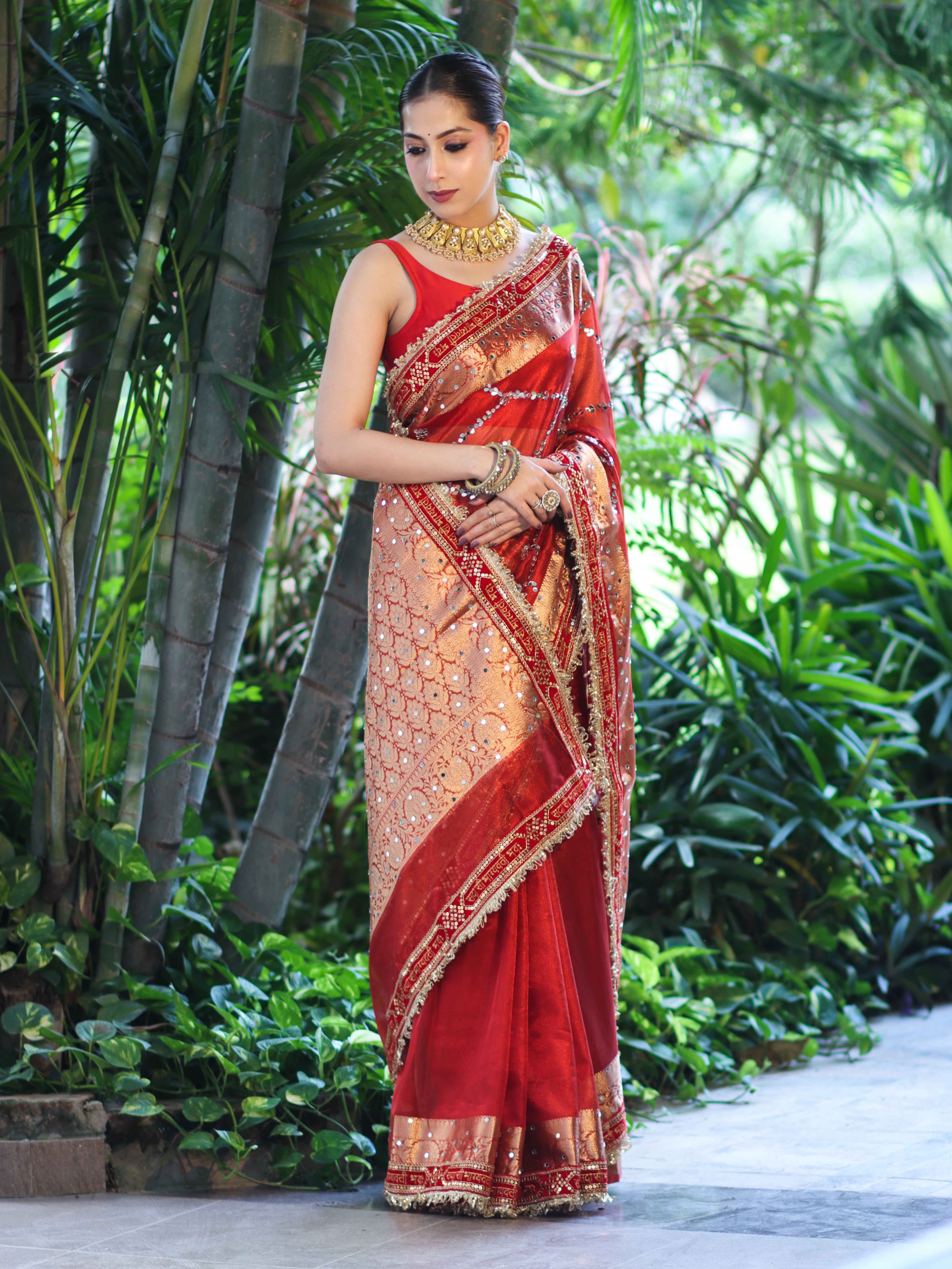 Banarasee Tissue (Saubhagyavati Bhava) Lace Saree With Hand Embroidered Mirror Work-Red