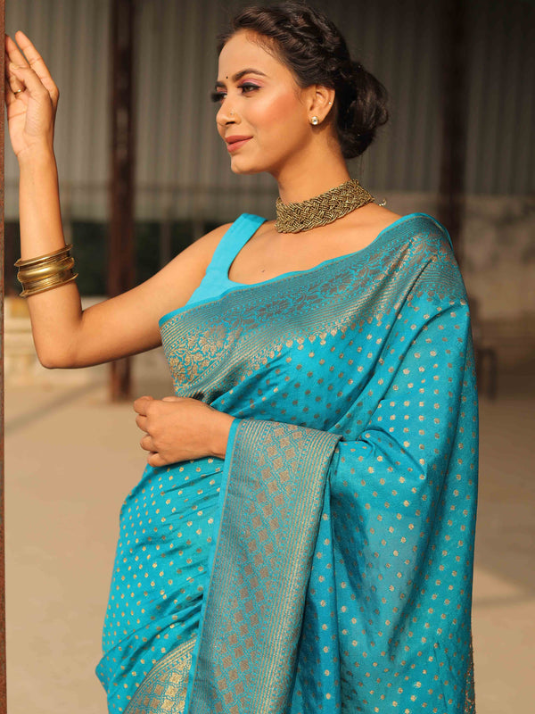 Banarasee Semi-Chiffon Saree With Antique Gold Zari Work-Teal Blue