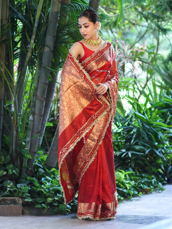 Banarasee Tissue (Saubhagyavati Bhava) Lace Saree With Hand Embroidered Mirror Work-Red