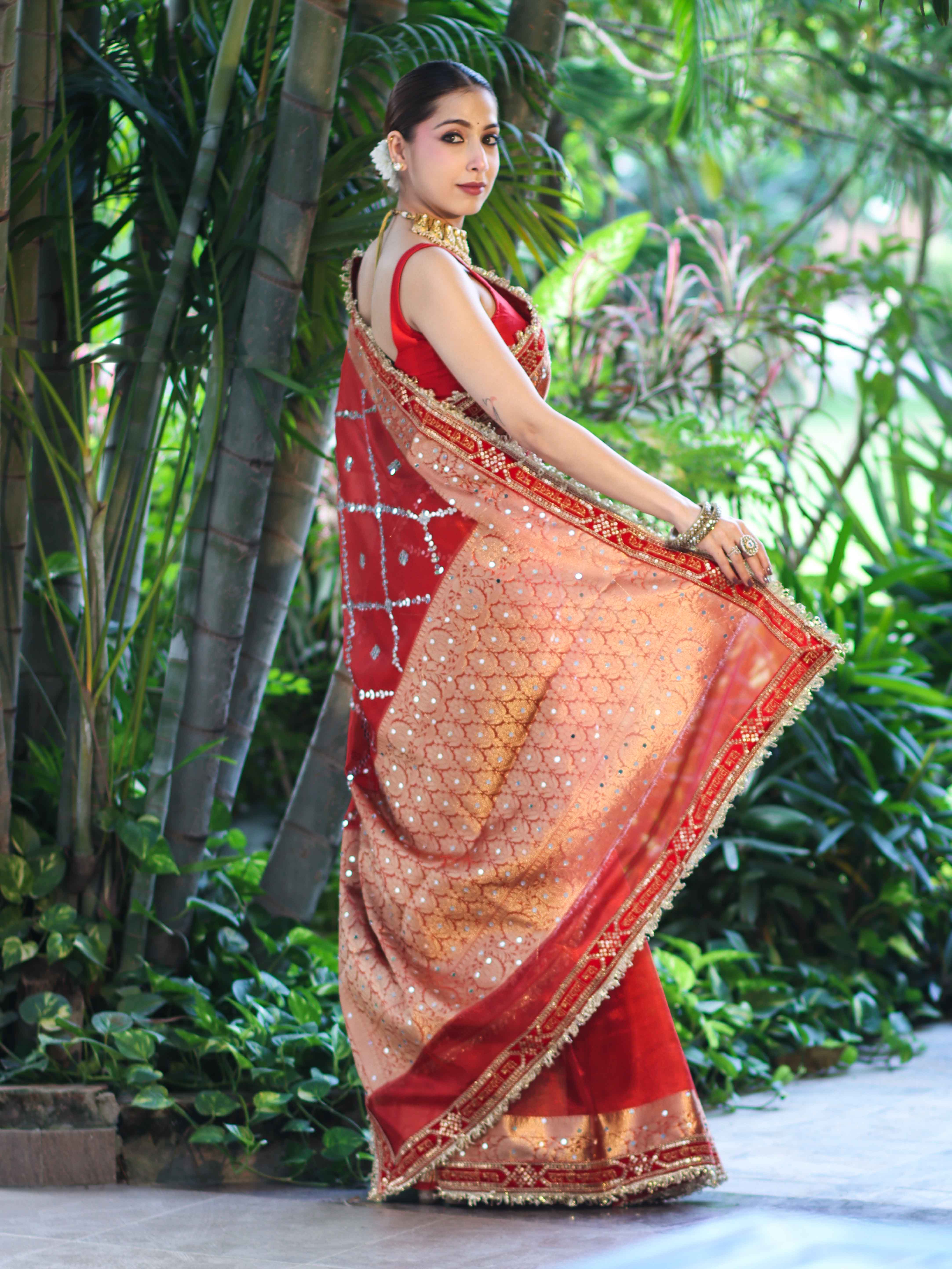 Banarasee Tissue (Saubhagyavati Bhava) Lace Saree With Hand Embroidered Mirror Work-Red