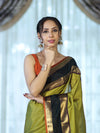 Banarasee Handloom Plain Semi Silk Saree With Contrast Temple Border-Lime Green