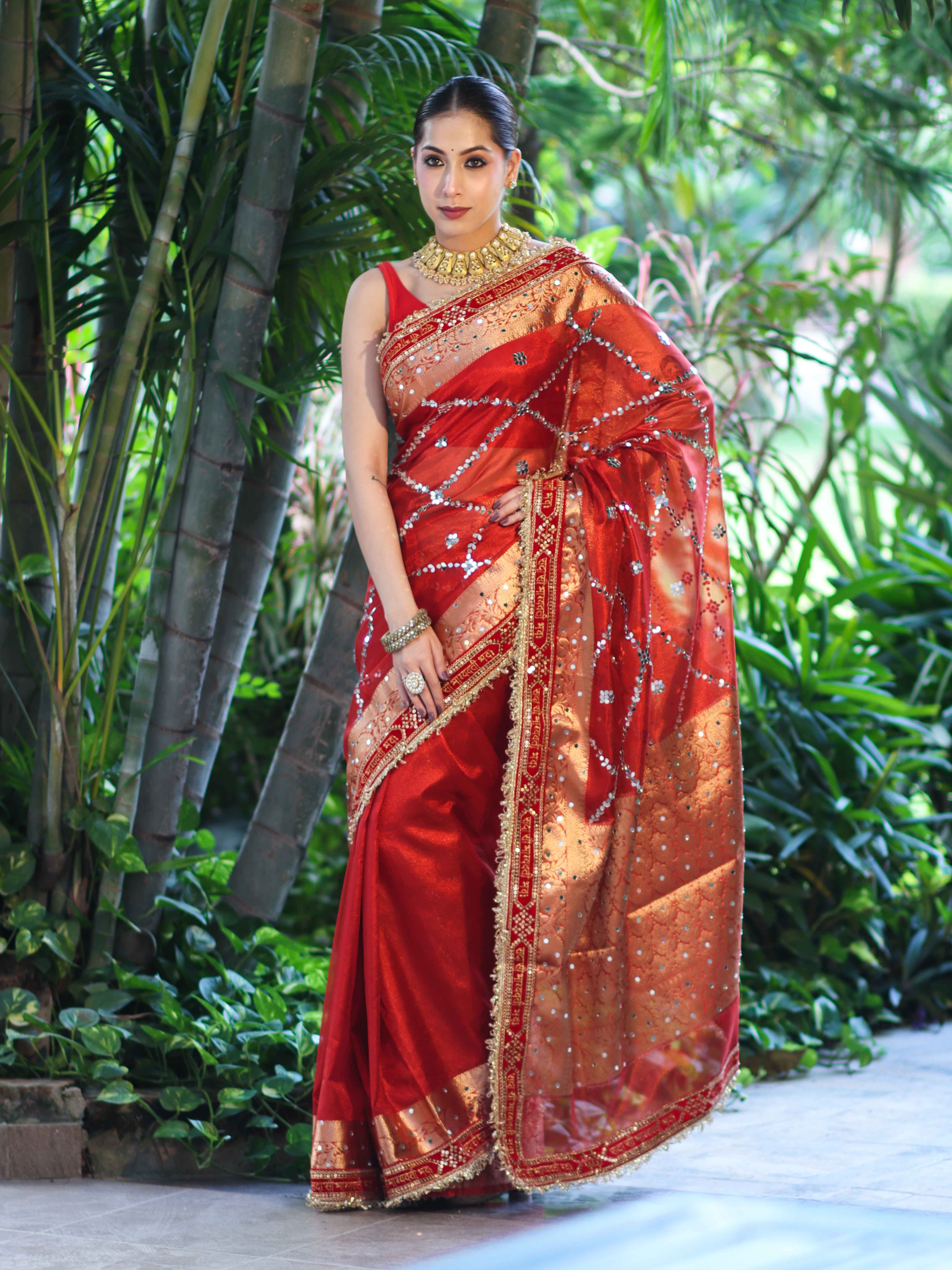 Banarasee Tissue (Saubhagyavati Bhava) Lace Saree With Hand Embroidered Mirror Work-Red