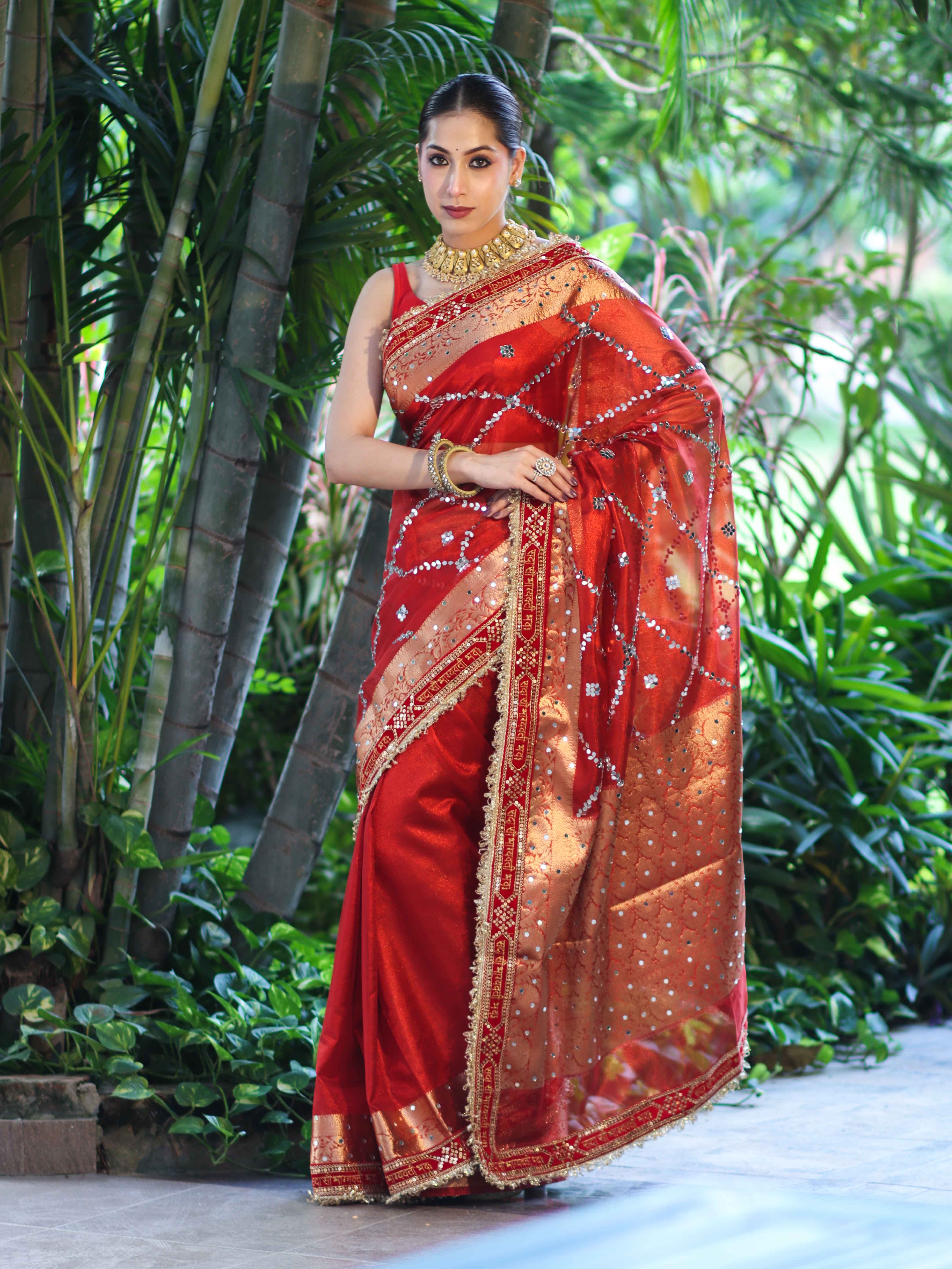 Banarasee Tissue (Saubhagyavati Bhava) Lace Saree With Hand Embroidered Mirror Work-Red