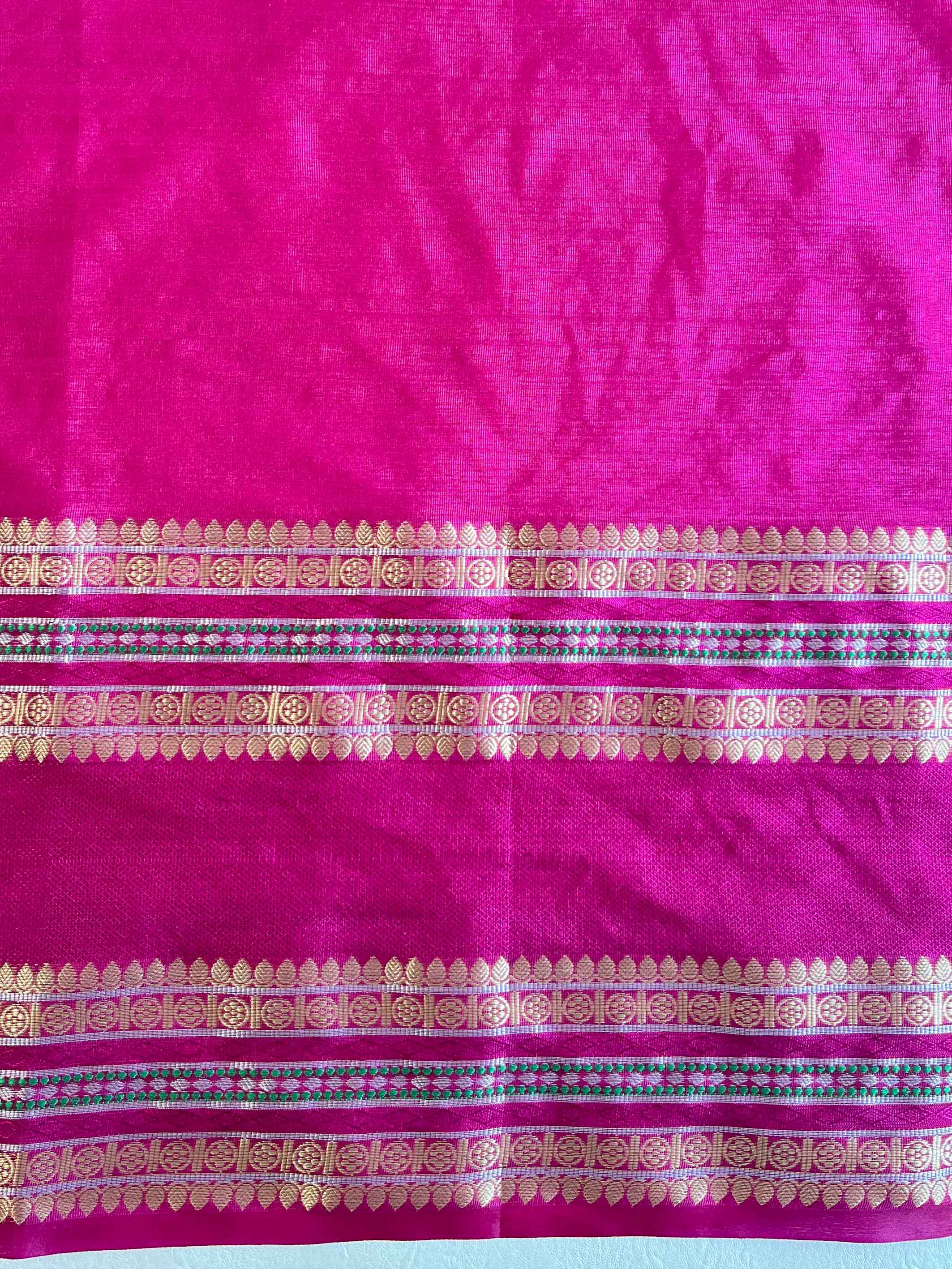 Banarasee Handwoven Semi Silk Plain Saree With Broad Zari & Contrast Border-Deep Green & Pink