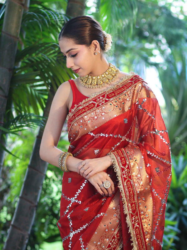 Banarasee Tissue (Saubhagyavati Bhava) Lace Saree With Hand Embroidered Mirror Work-Red