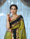 Banarasee Handloom Plain Semi Silk Saree With Contrast Temple Border-Lime Green