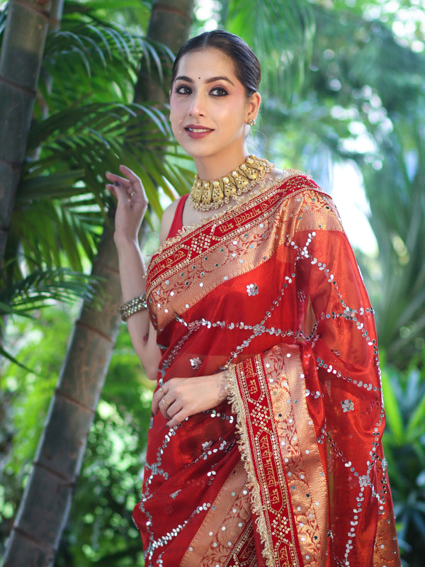 Banarasee Tissue (Saubhagyavati Bhava) Lace Saree With Hand Embroidered Mirror Work-Red