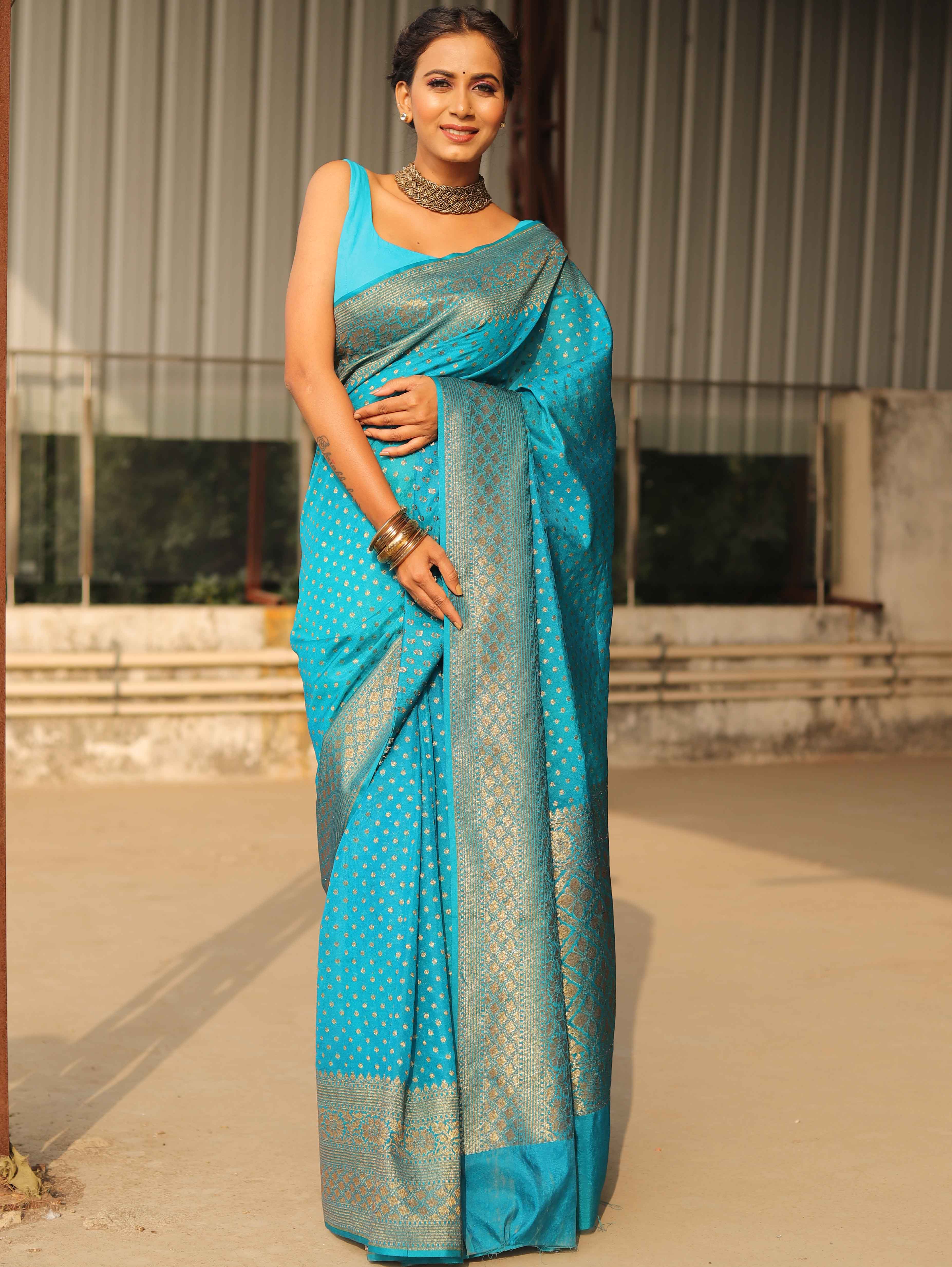 Banarasee Semi-Chiffon Saree With Antique Gold Zari Work-Teal Blue