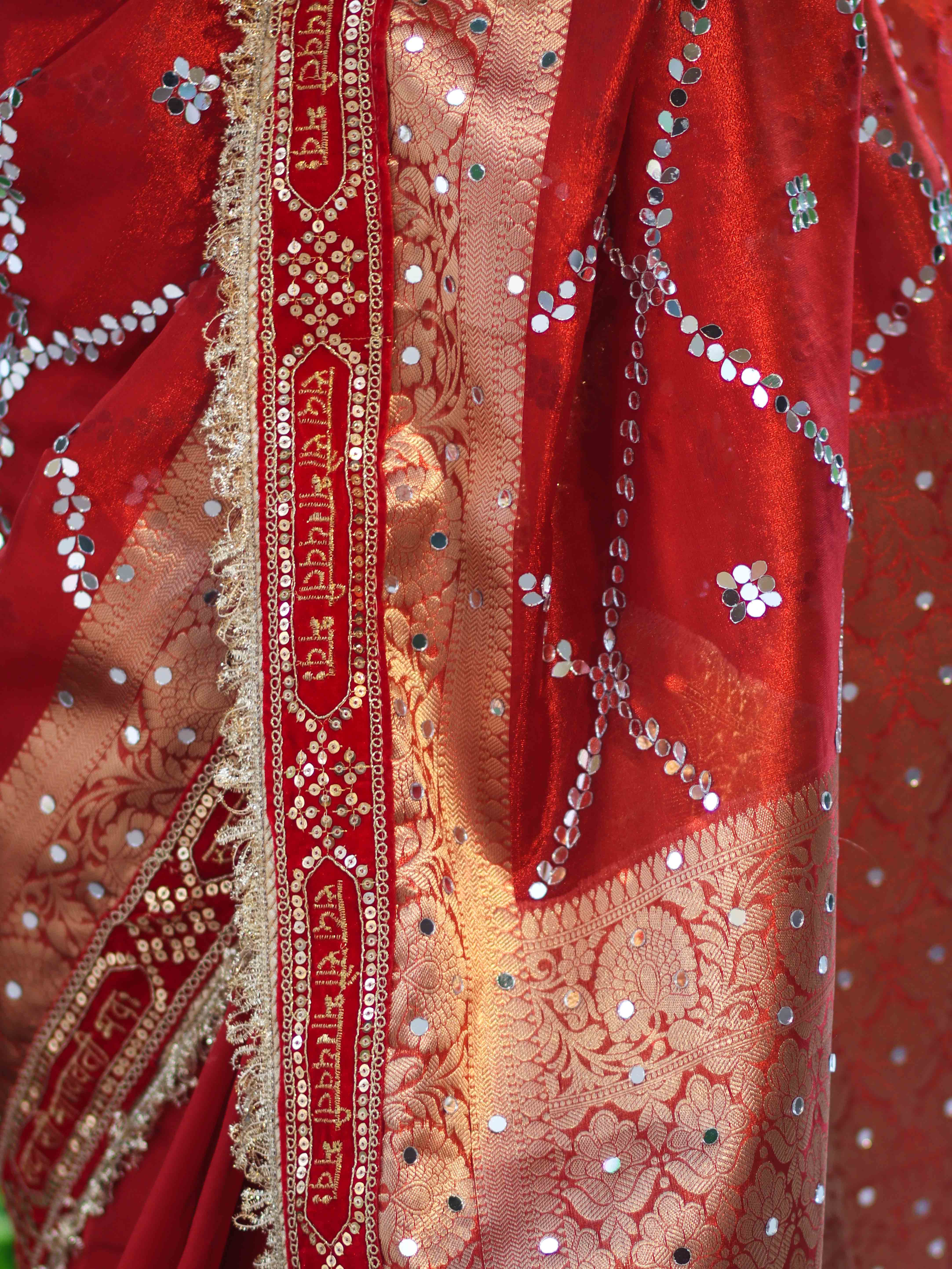 Banarasee Tissue (Saubhagyavati Bhava) Lace Saree With Hand Embroidered Mirror Work-Red