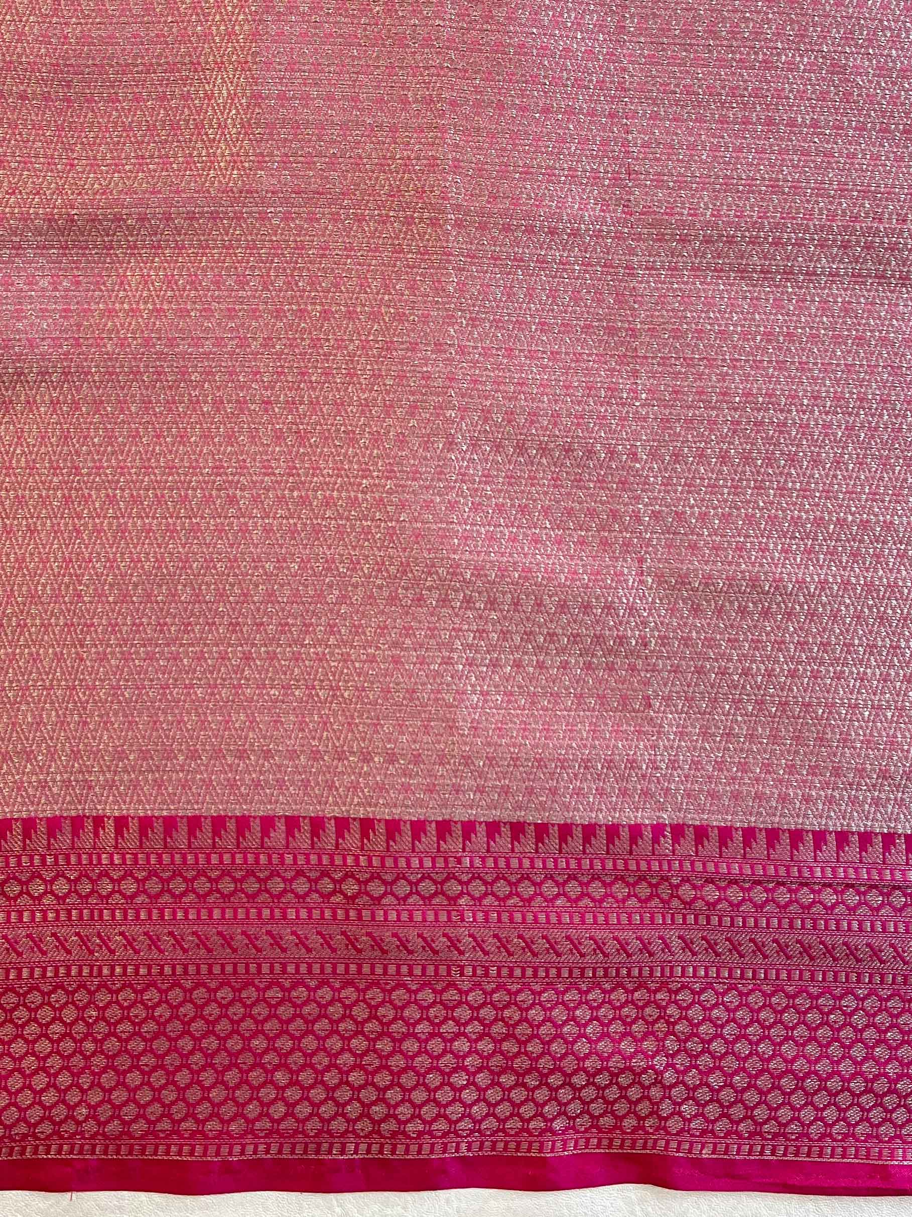 Banarasee Kota Checks Saree With Floral Buta & Border Design-White & Pink