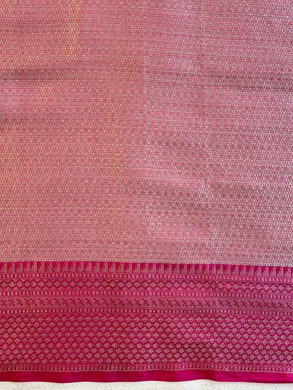 Banarasee Kota Checks Saree With Floral Buta & Border Design-White & Pink