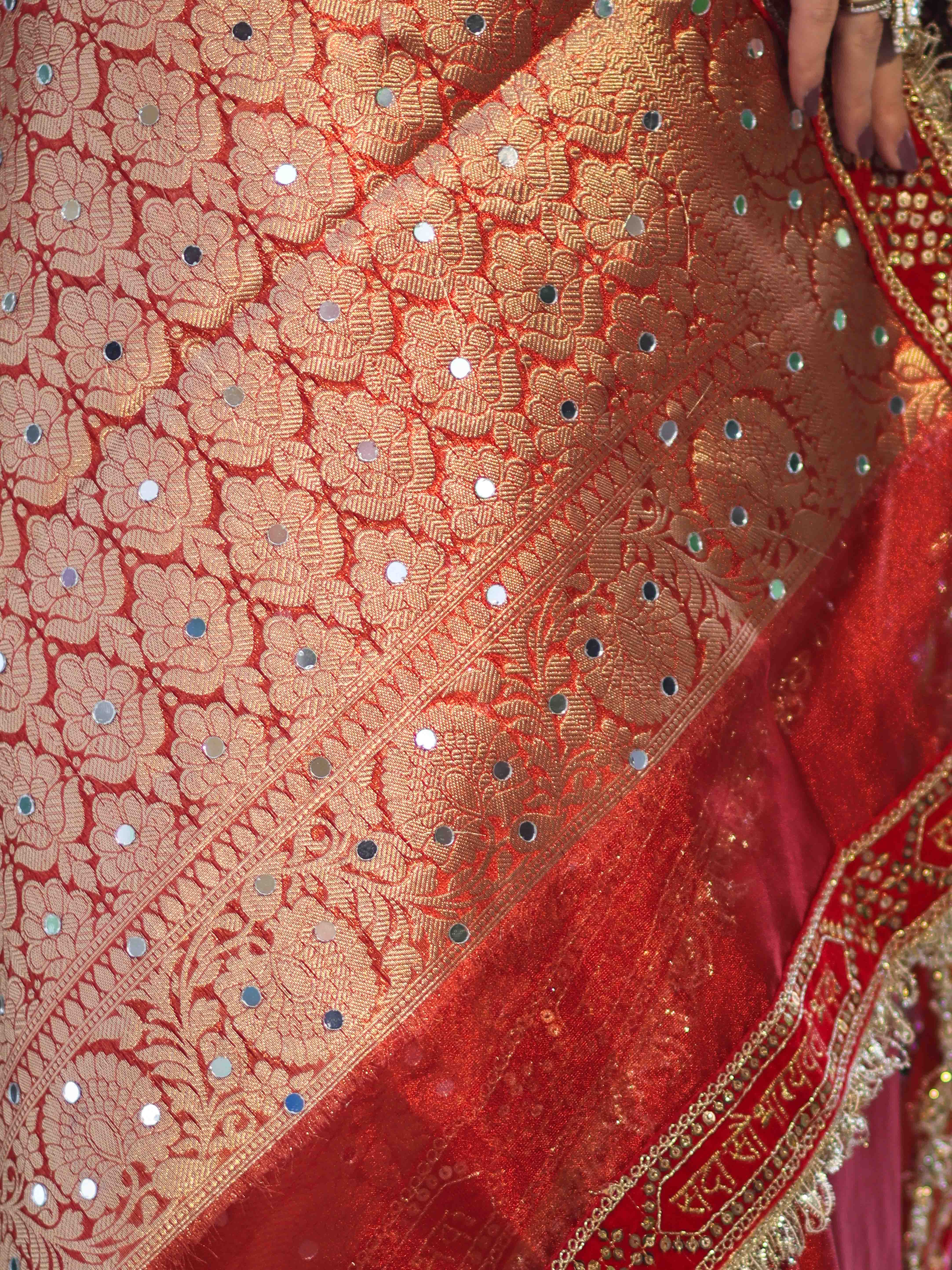 Banarasee Tissue (Saubhagyavati Bhava) Lace Saree With Hand Embroidered Mirror Work-Red