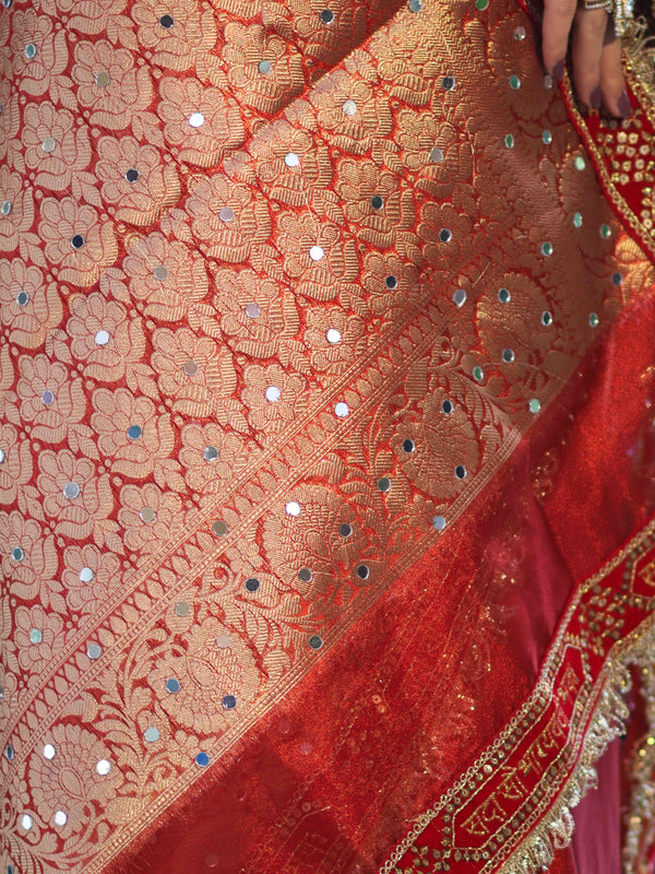 Banarasee Tissue (Saubhagyavati Bhava) Lace Saree With Hand Embroidered Mirror Work-Red