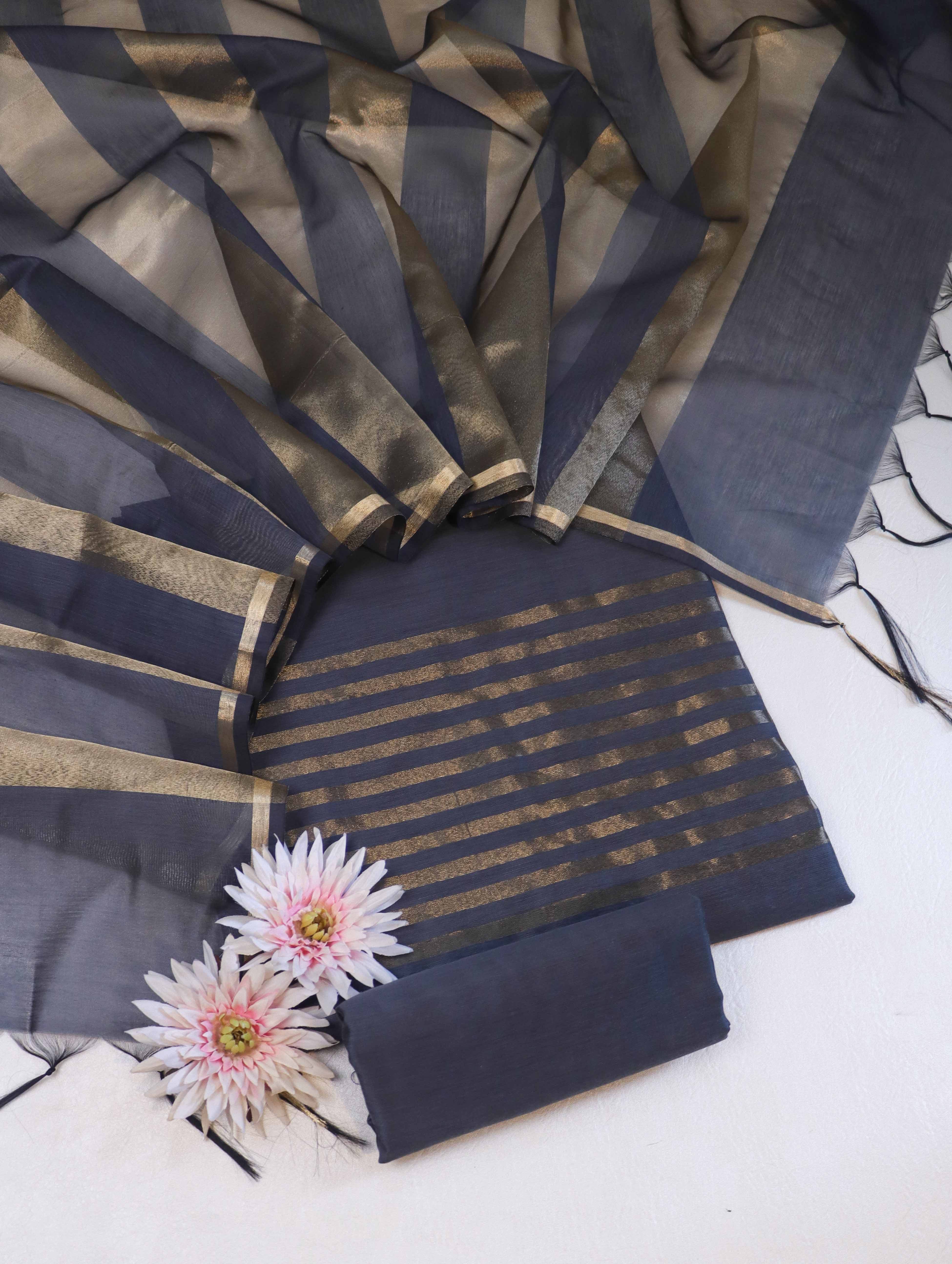 Banarasee Cotton Silk Stripe Pattern Salwar Kameez Fabric With Dupatta Set-Steel Blue