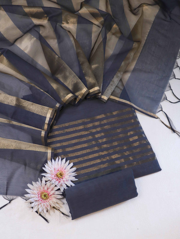Banarasee Cotton Silk Stripe Pattern Salwar Kameez Fabric With Dupatta Set-Steel Blue