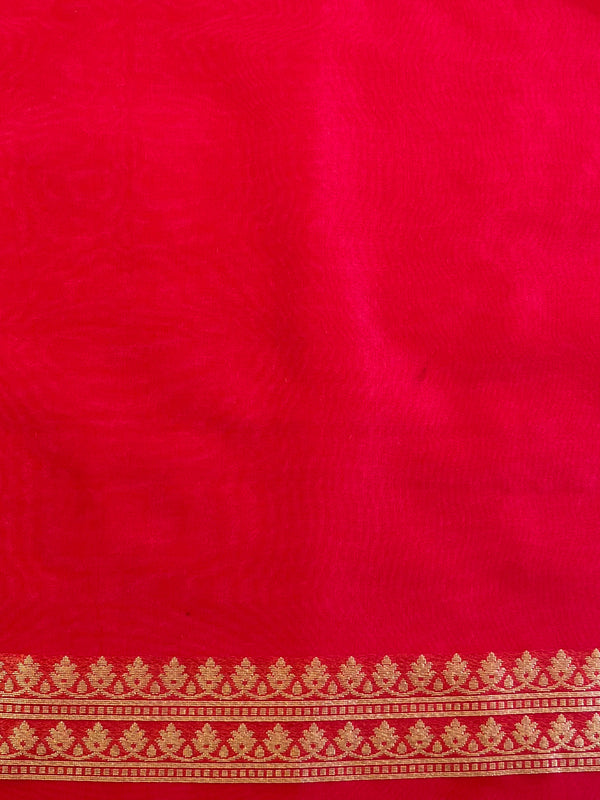 Banarasee Organza Silk Saree With Zari Motifs & Contrast Border-Beige & Red