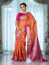 Banarasee Handwoven Georgette Saree With Meena Jaal Work & Contrast Border-Orange & Pink