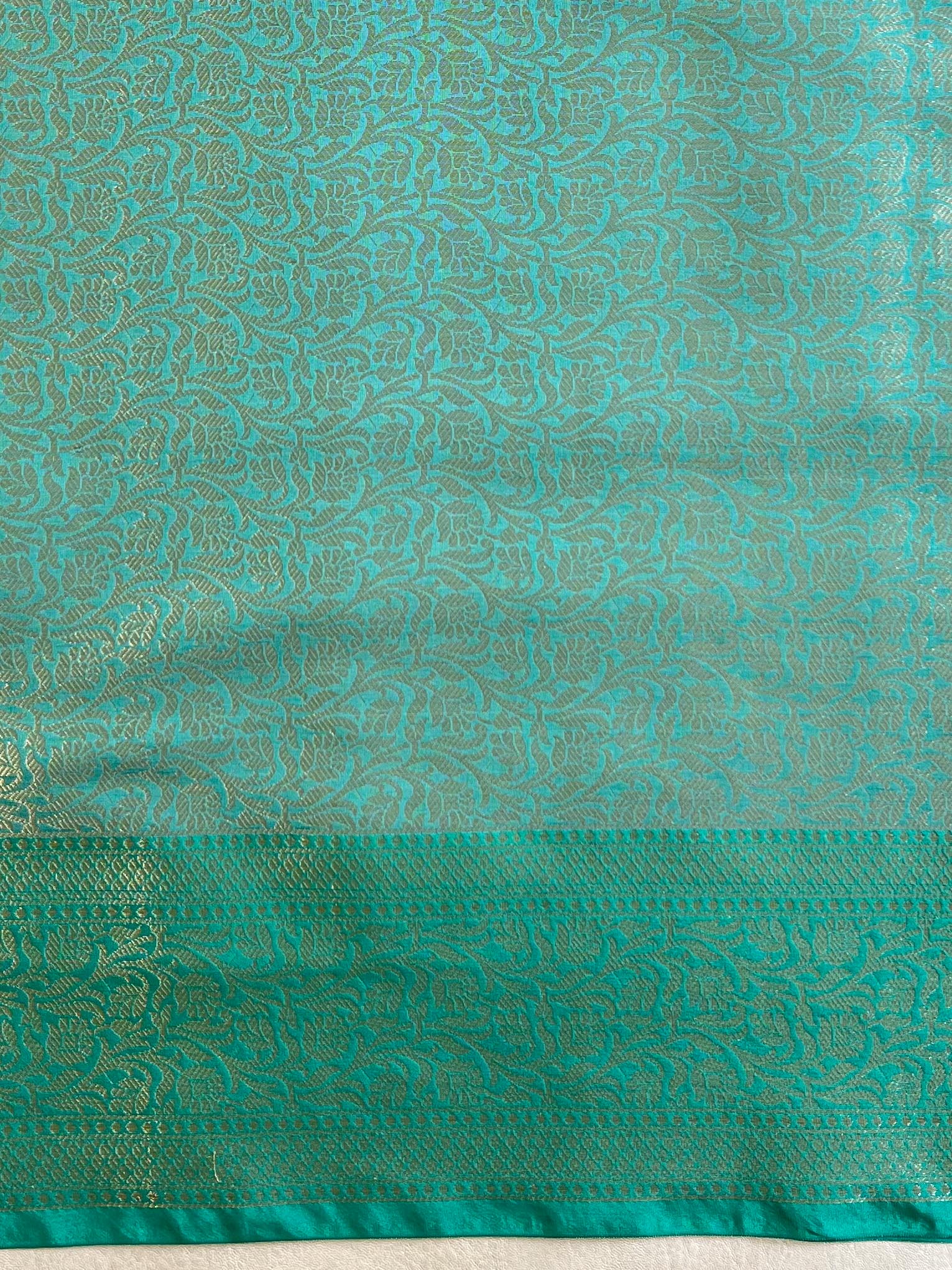 Banarasee Organza Mix Saree With Zari Work & Contrast Border-Grey & Green