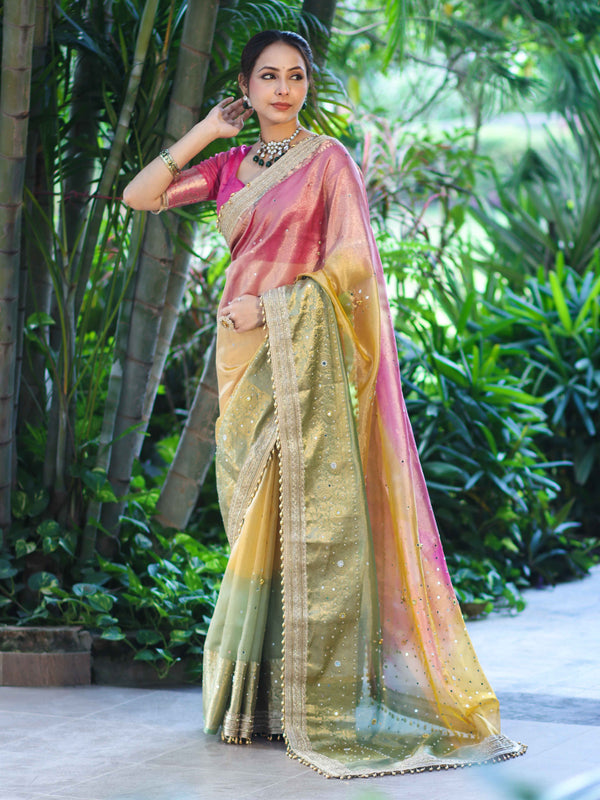Banarasee Tissue Hand Embroidered Mirror Work Saree With Ghungroo Work & Embroidered Pallu-Multicolor