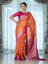 Banarasee Handwoven Georgette Saree With Meena Jaal Work & Contrast Border-Orange & Pink