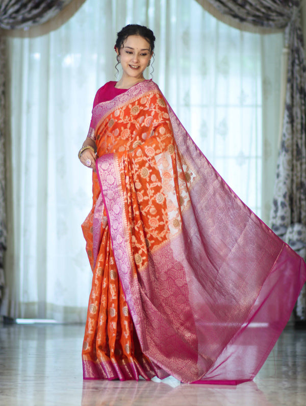 Banarasee Handwoven Georgette Saree With Meena Jaal Work & Contrast Border-Orange & Pink