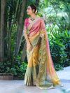 Banarasee Tissue Hand Embroidered Mirror Work Saree With Ghungroo Work & Embroidered Pallu-Multicolor