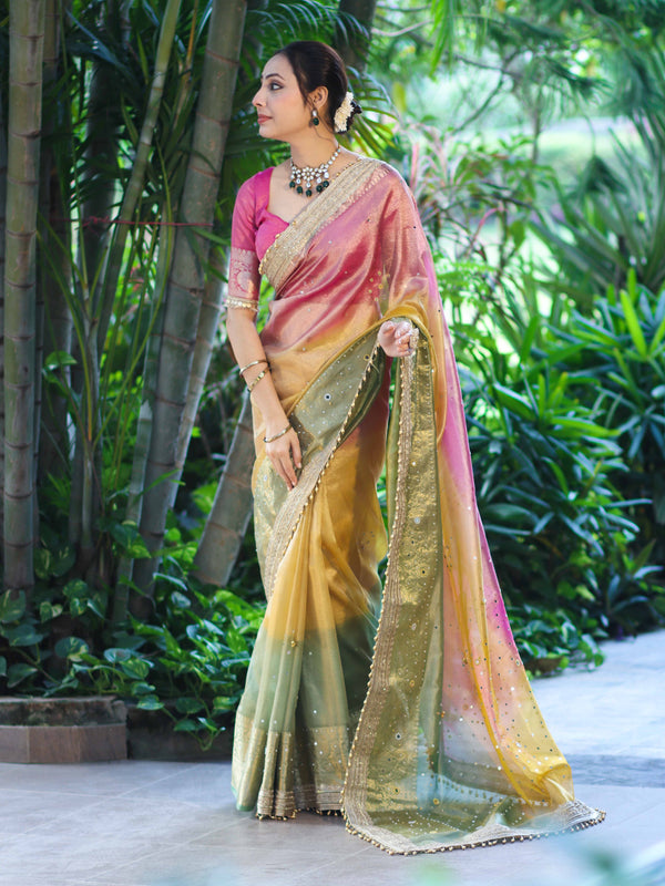 Banarasee Tissue Hand Embroidered Mirror Work Saree With Ghungroo Work & Embroidered Pallu-Multicolor