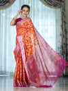 Banarasee Handwoven Georgette Saree With Meena Jaal Work & Contrast Border-Orange & Pink