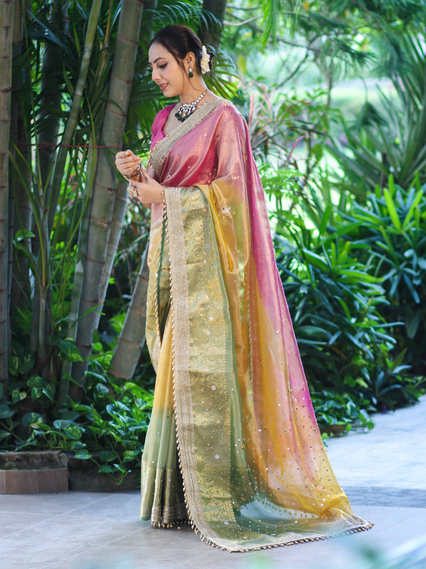 Banarasee Tissue Hand Embroidered Mirror Work Saree With Ghungroo Work & Embroidered Pallu-Multicolor
