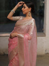 Banarasee Organza Mix Saree With Silver Zari Buta & Border-Pink