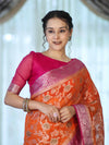 Banarasee Handwoven Georgette Saree With Meena Jaal Work & Contrast Border-Orange & Pink